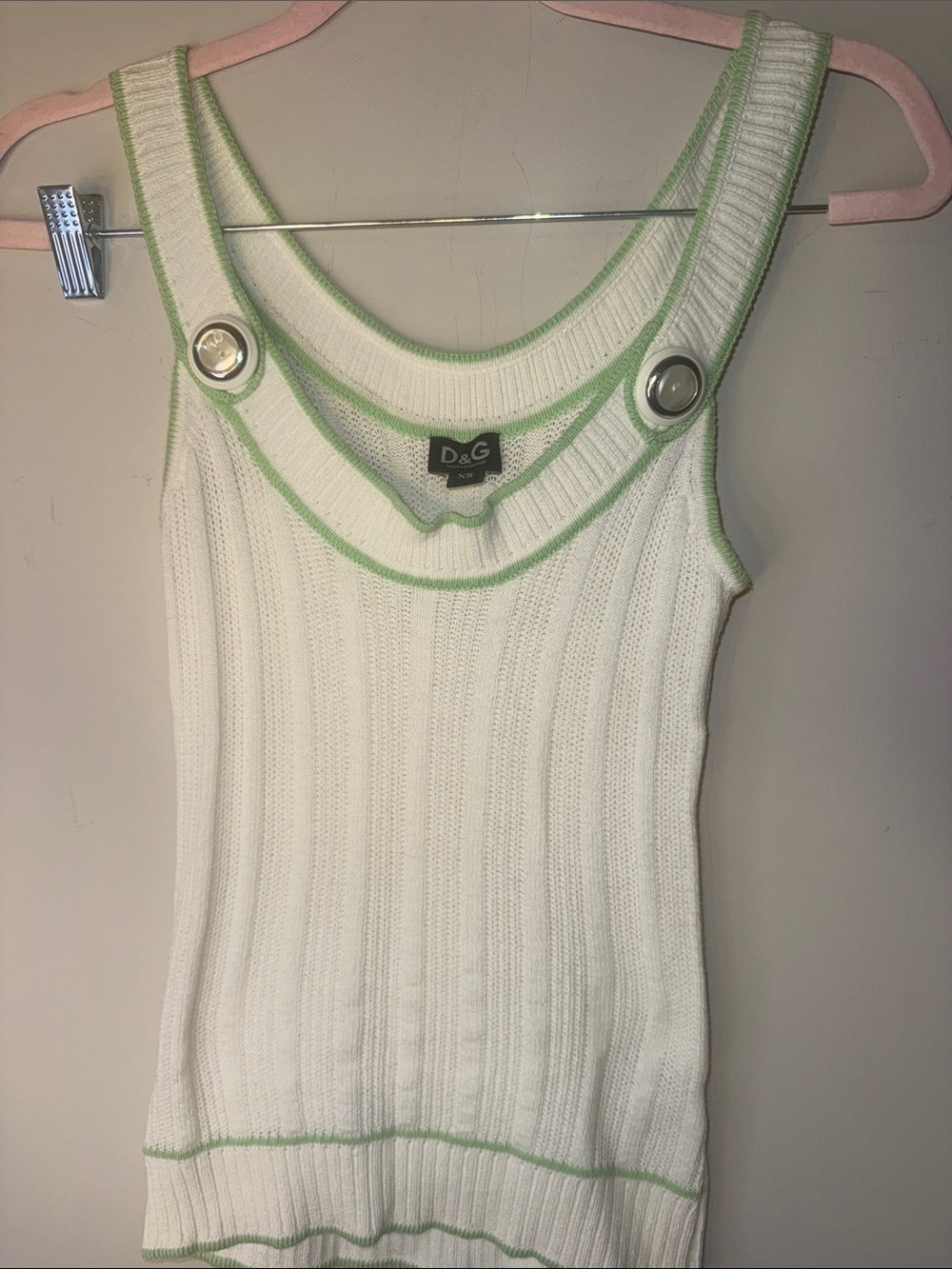 Archival Vintage D&G White Ribbed Tank with Light Green Trim and Button Details
